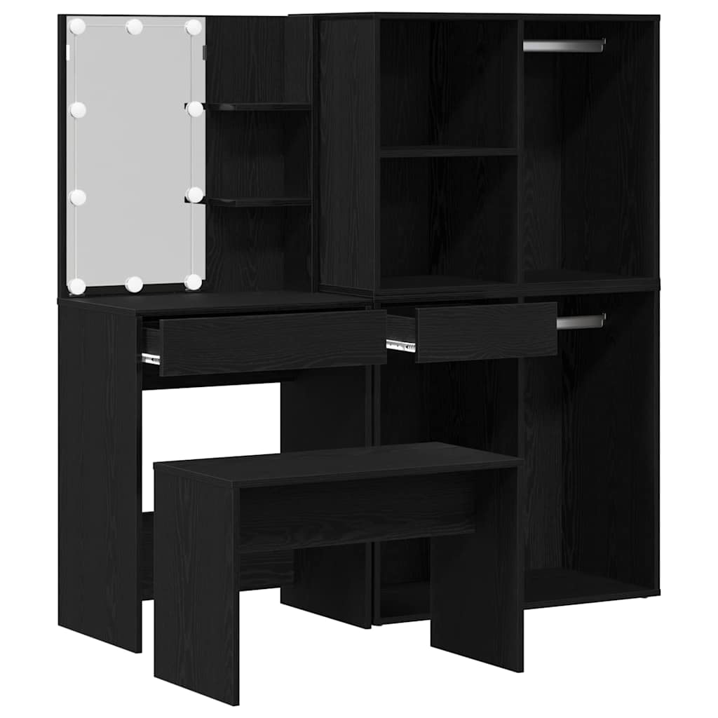 Make-up tafel set met LED 4 pcs Zwart Eiken Bewerkt hout