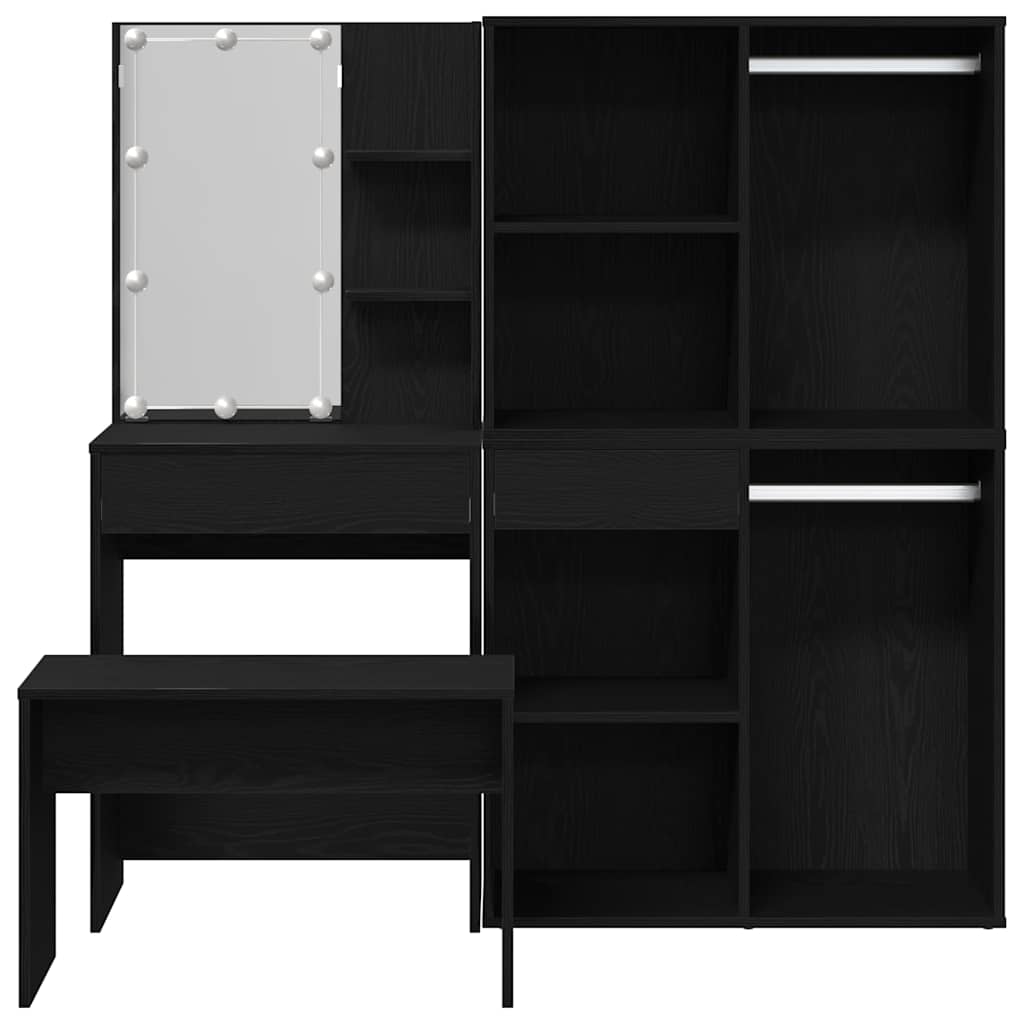 Make-up tafel set met LED 4 pcs Zwart Eiken Bewerkt hout
