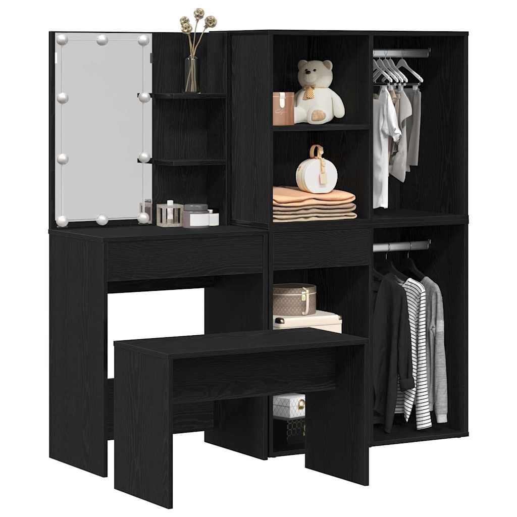 Make-up tafel set met LED 4 pcs Zwart Eiken Bewerkt hout