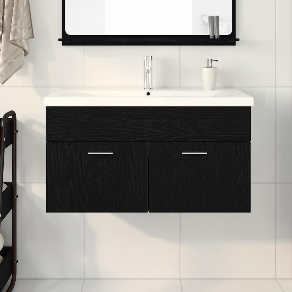 Badkamerkast Zwart Eiken 90 x 38,5 x 46 cm Bewerkt hout is nu te koop bij PeponiXL, paradijselijk wonen!