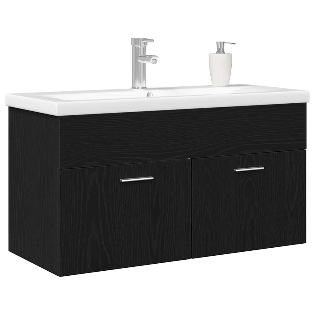 Badkamerkast Zwart Eiken 90 x 38,5 x 46 cm Bewerkt hout is nu te koop bij PeponiXL, paradijselijk wonen!