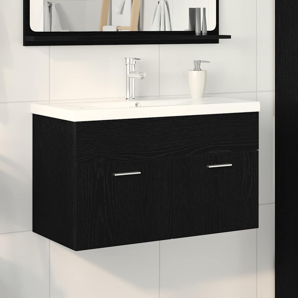 Badkamerkast Zwart Eiken 80 x 38,5 x 46 cm Bewerkt hout is nu te koop bij PeponiXL, paradijselijk wonen!