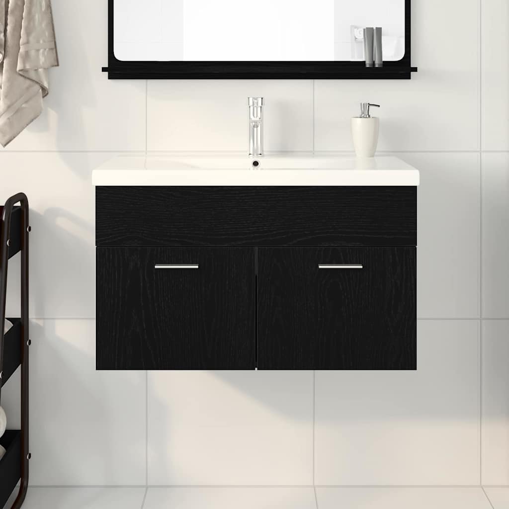 Badkamerkast Zwart Eiken 80 x 38,5 x 46 cm Bewerkt hout is nu te koop bij PeponiXL, paradijselijk wonen!