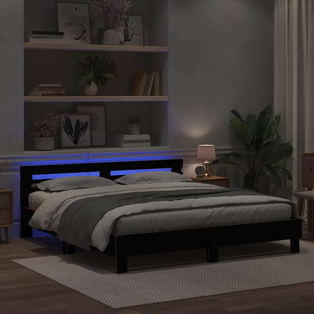 Bedframe met LED Zwart Eiken 200 x 200 cm Bewerkt hout is nu te koop bij PeponiXL, paradijselijk wonen!