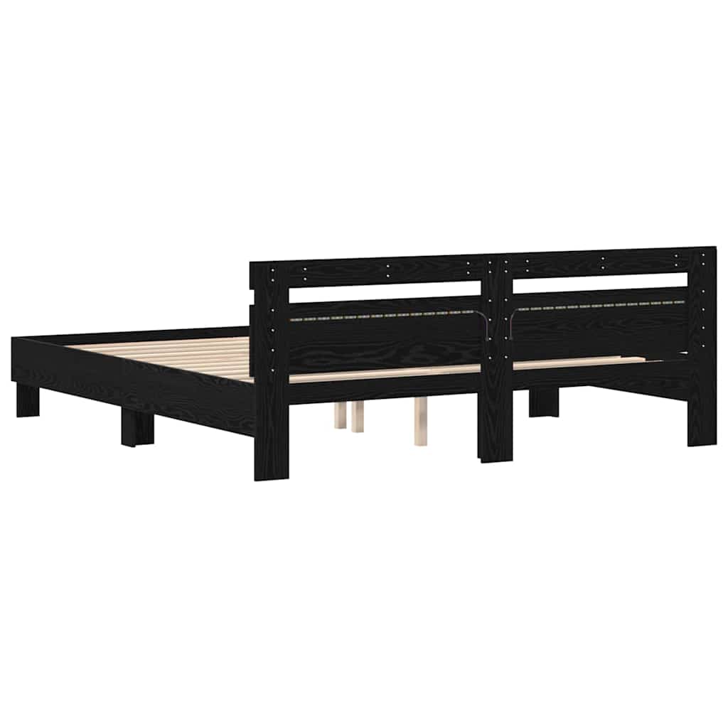 Bedframe met LED Zwart Eiken 200 x 200 cm Bewerkt hout is nu te koop bij PeponiXL, paradijselijk wonen!