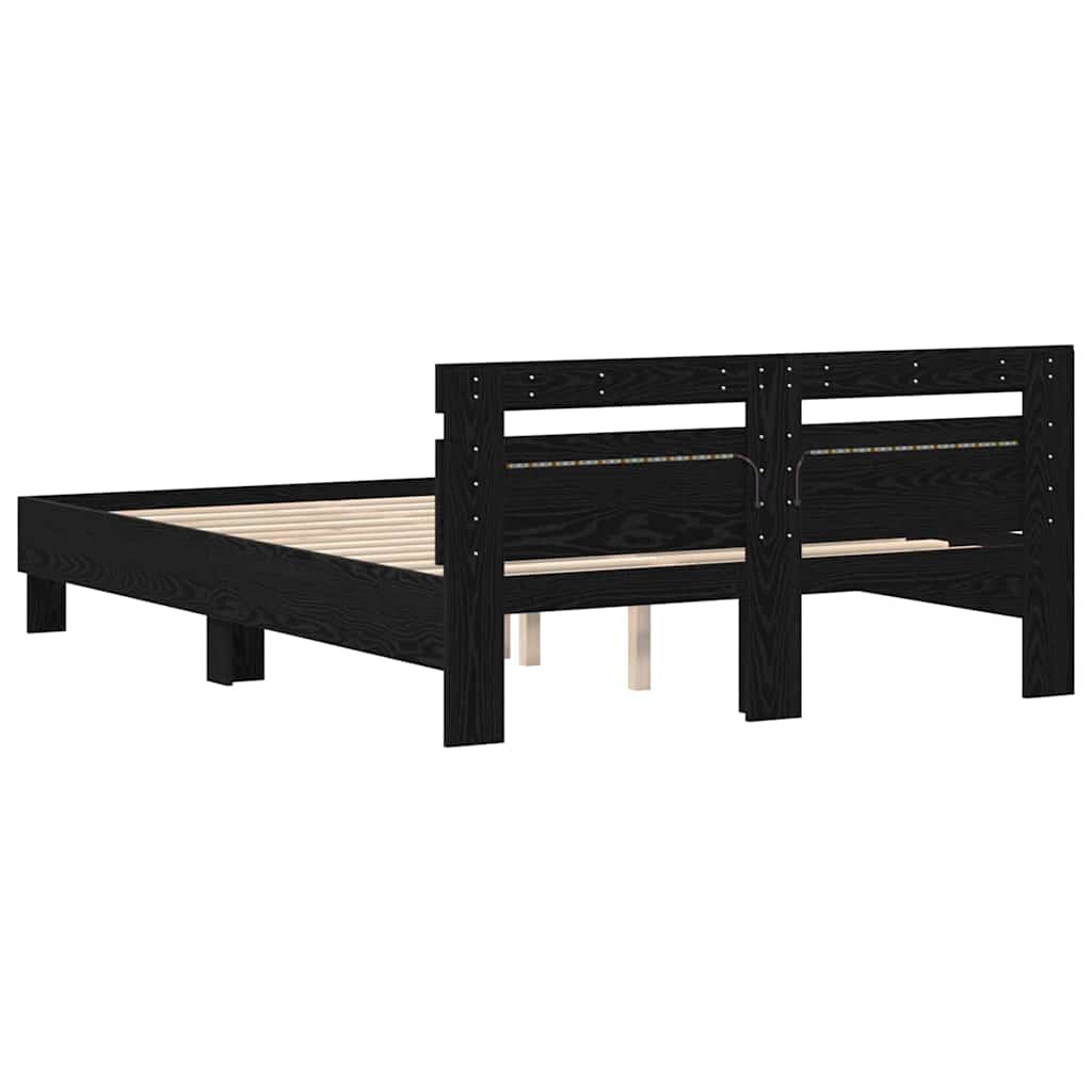 Bedframe met LED Zwart Eiken 150 x 200 cm Bewerkt hout is nu te koop bij PeponiXL, paradijselijk wonen!