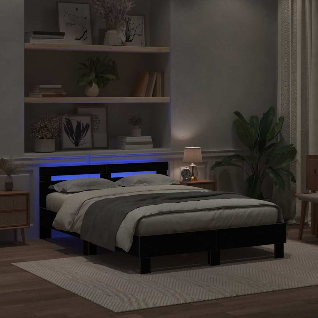 Bedframe met LED Zwart Eiken 140 x 190 cm Bewerkt hout is nu te koop bij PeponiXL, paradijselijk wonen!