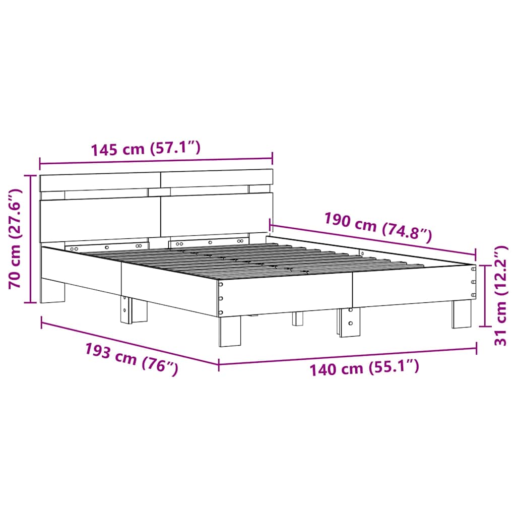 Bedframe met LED Zwart Eiken 140 x 190 cm Bewerkt hout is nu te koop bij PeponiXL, paradijselijk wonen!