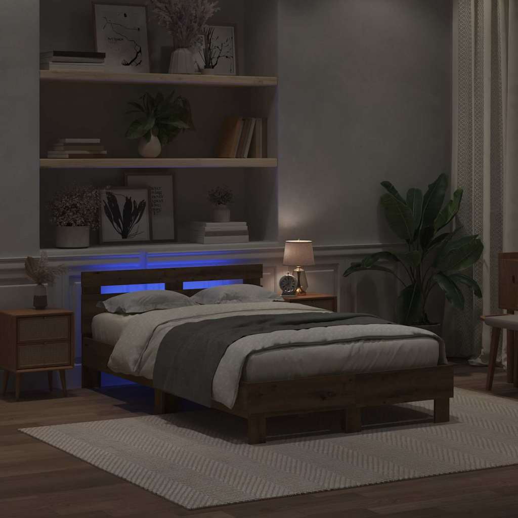 Bedframe met LED Artisan Eiken 135 x 190 cm Bewerkt hout is nu te koop bij PeponiXL, paradijselijk wonen!