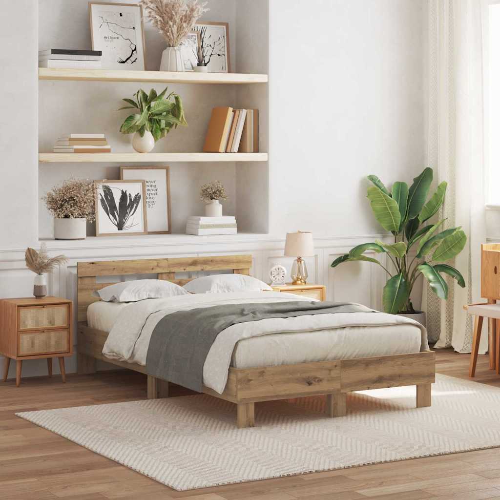 Bedframe met LED Artisan Eiken 135 x 190 cm Bewerkt hout is nu te koop bij PeponiXL, paradijselijk wonen!