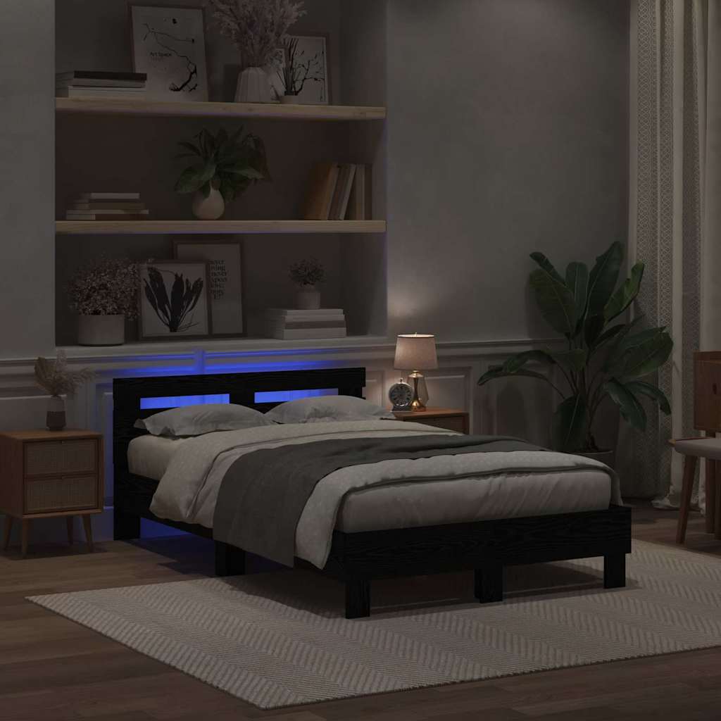 Bedframe met LED Zwart Eiken 135 x 190 cm Bewerkt hout is nu te koop bij PeponiXL, paradijselijk wonen!