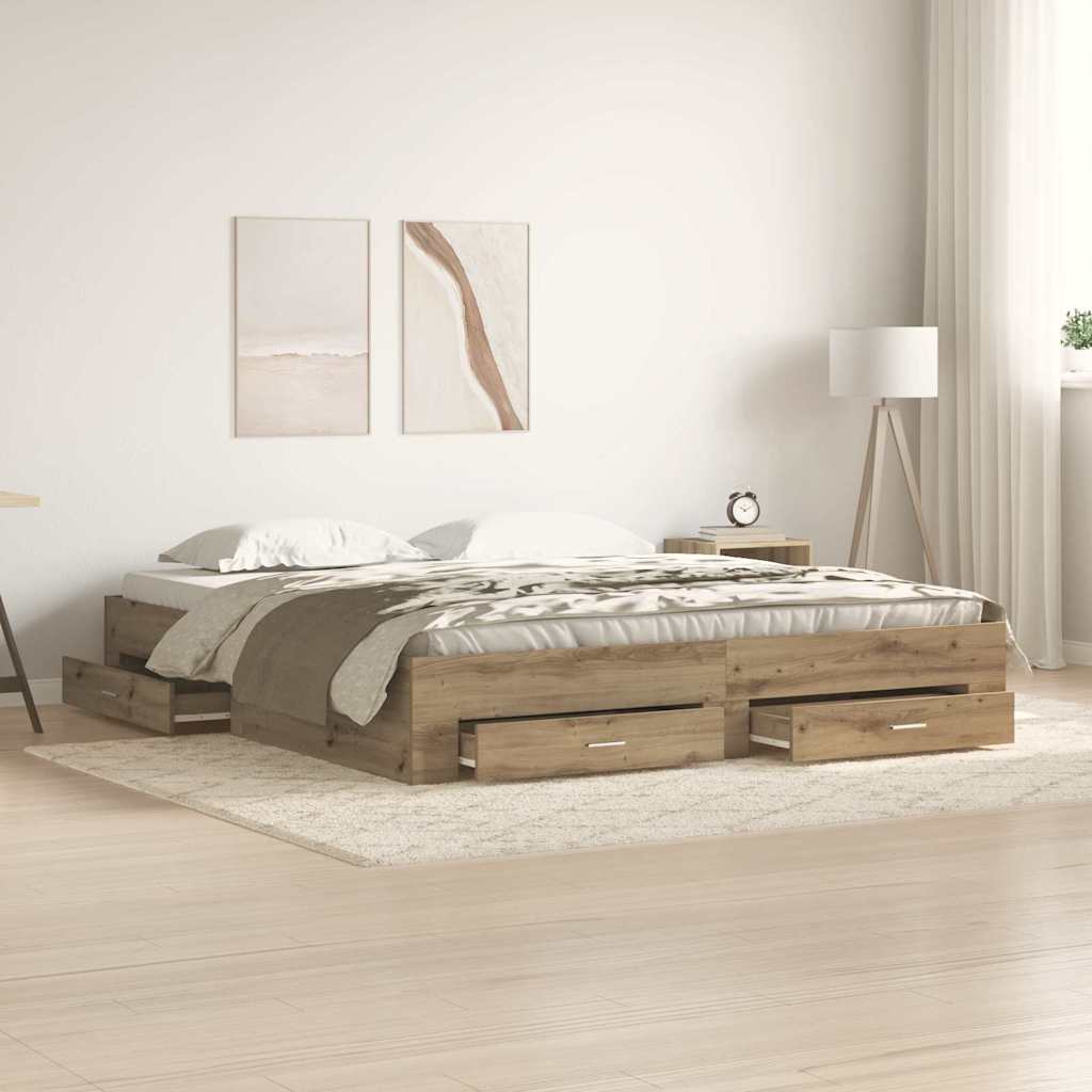 Bedframe met lade Artisan Eiken 180 x 200 cm Bewerkt hout is nu te koop bij PeponiXL, paradijselijk wonen!