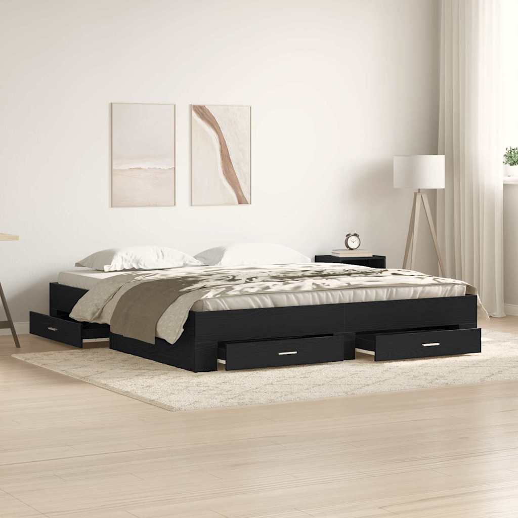 Bedframe met lade Zwart Eiken 180 x 200 cm Bewerkt hout is nu te koop bij PeponiXL, paradijselijk wonen!