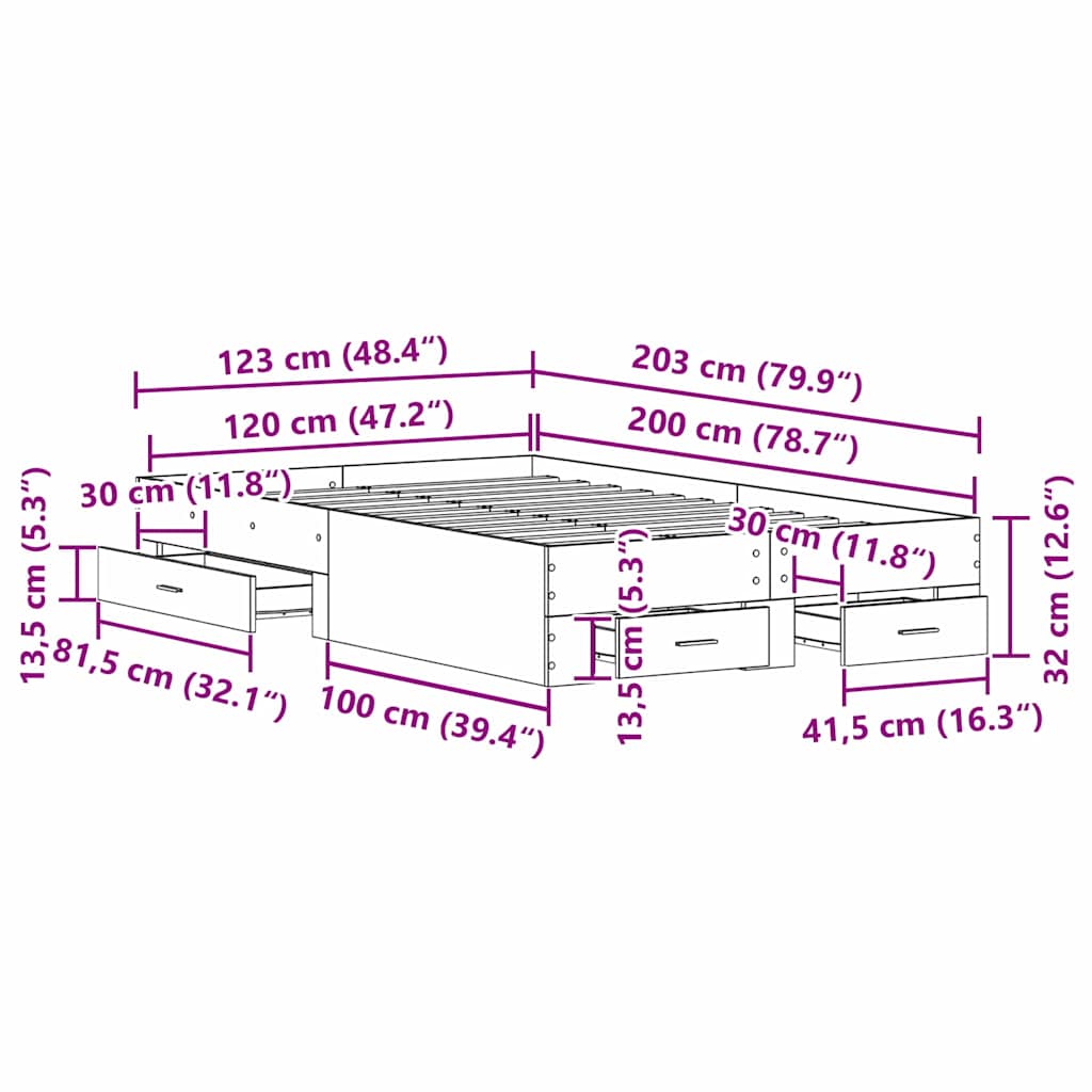 Bedframe met lade met opslag Oud Hout 120 x 200 cm Bewerkt hout is nu te koop bij PeponiXL, paradijselijk wonen!