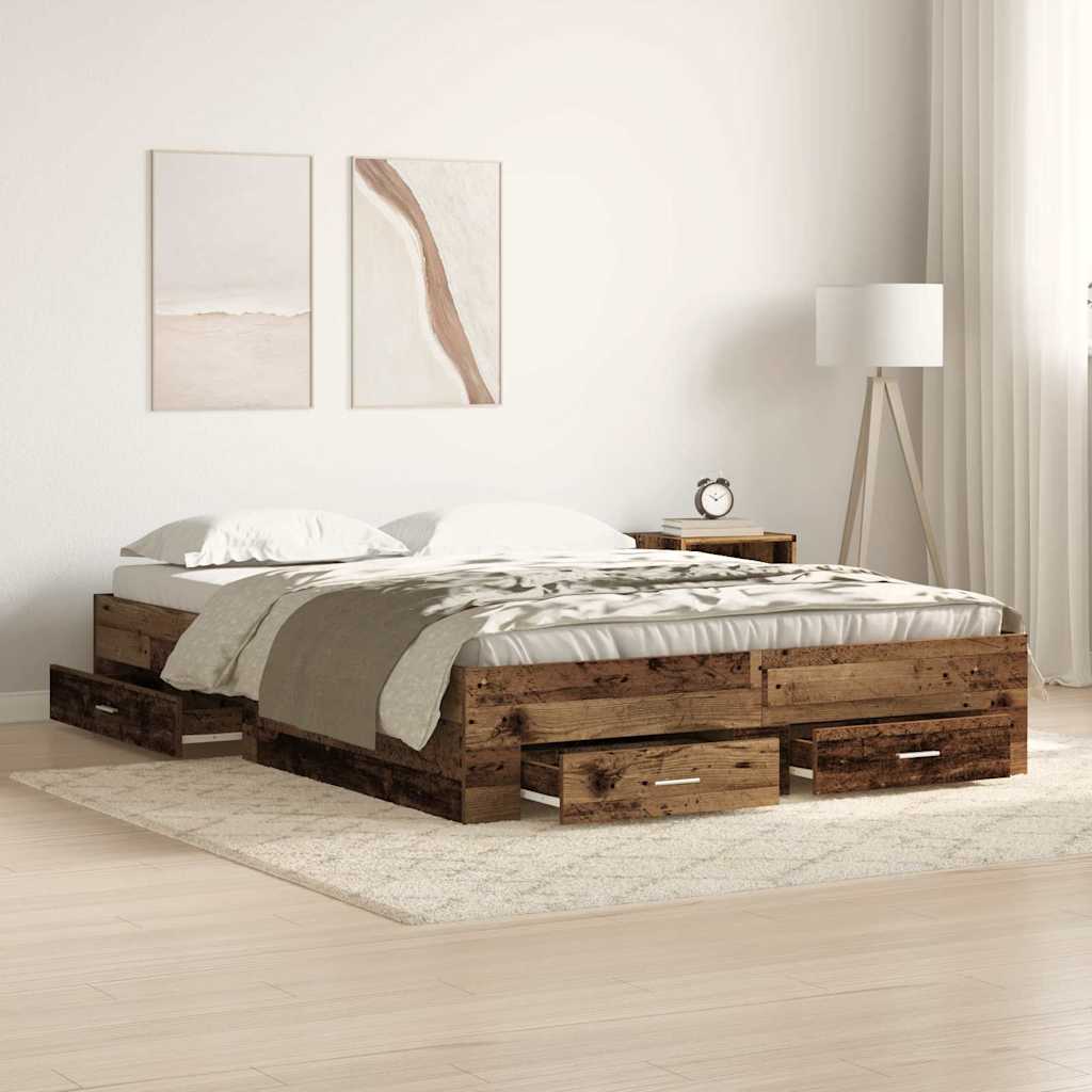 Bedframe met lade met opslag Oud Hout 140 x 190 cm Bewerkt hout is nu te koop bij PeponiXL, paradijselijk wonen!