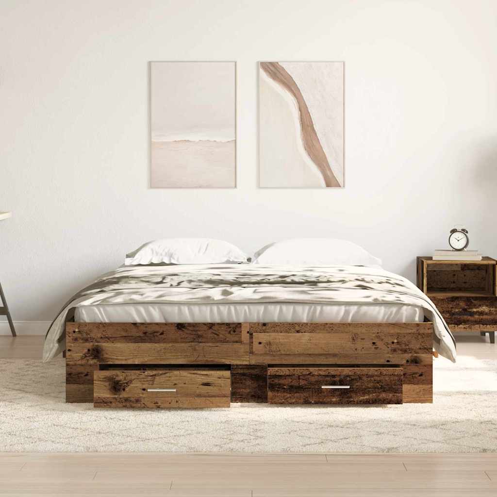Bedframe met lade met opslag Oud Hout 140 x 190 cm Bewerkt hout is nu te koop bij PeponiXL, paradijselijk wonen!