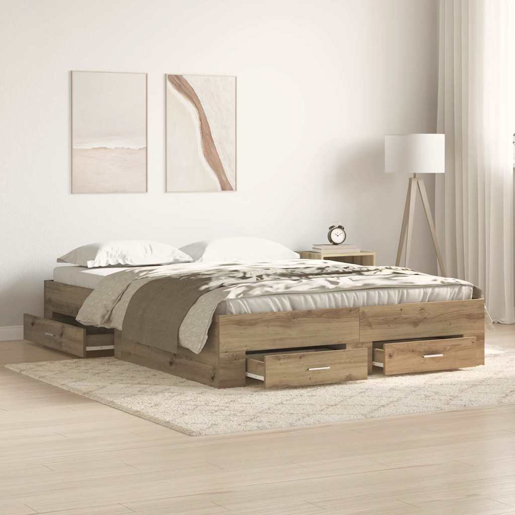 Bedframe met lade Artisan Eiken 140 x 190 cm Bewerkt hout is nu te koop bij PeponiXL, paradijselijk wonen!