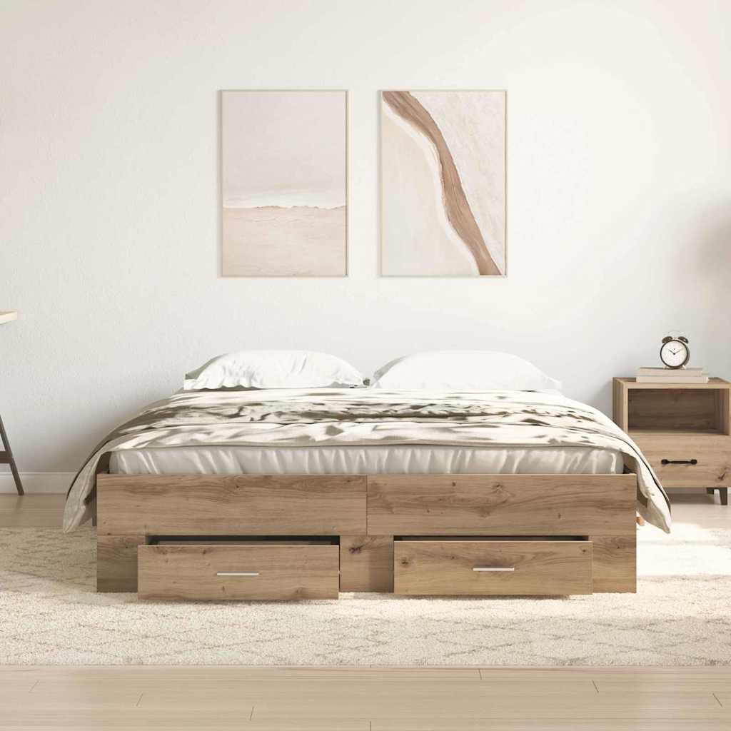 Bedframe met lade Artisan Eiken 140 x 190 cm Bewerkt hout is nu te koop bij PeponiXL, paradijselijk wonen!