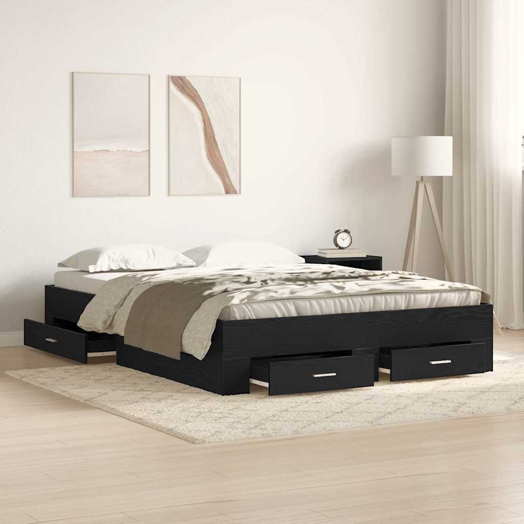 Bedframe met lade Zwart Eiken 140 x 190 cm Bewerkt hout is nu te koop bij PeponiXL, paradijselijk wonen!