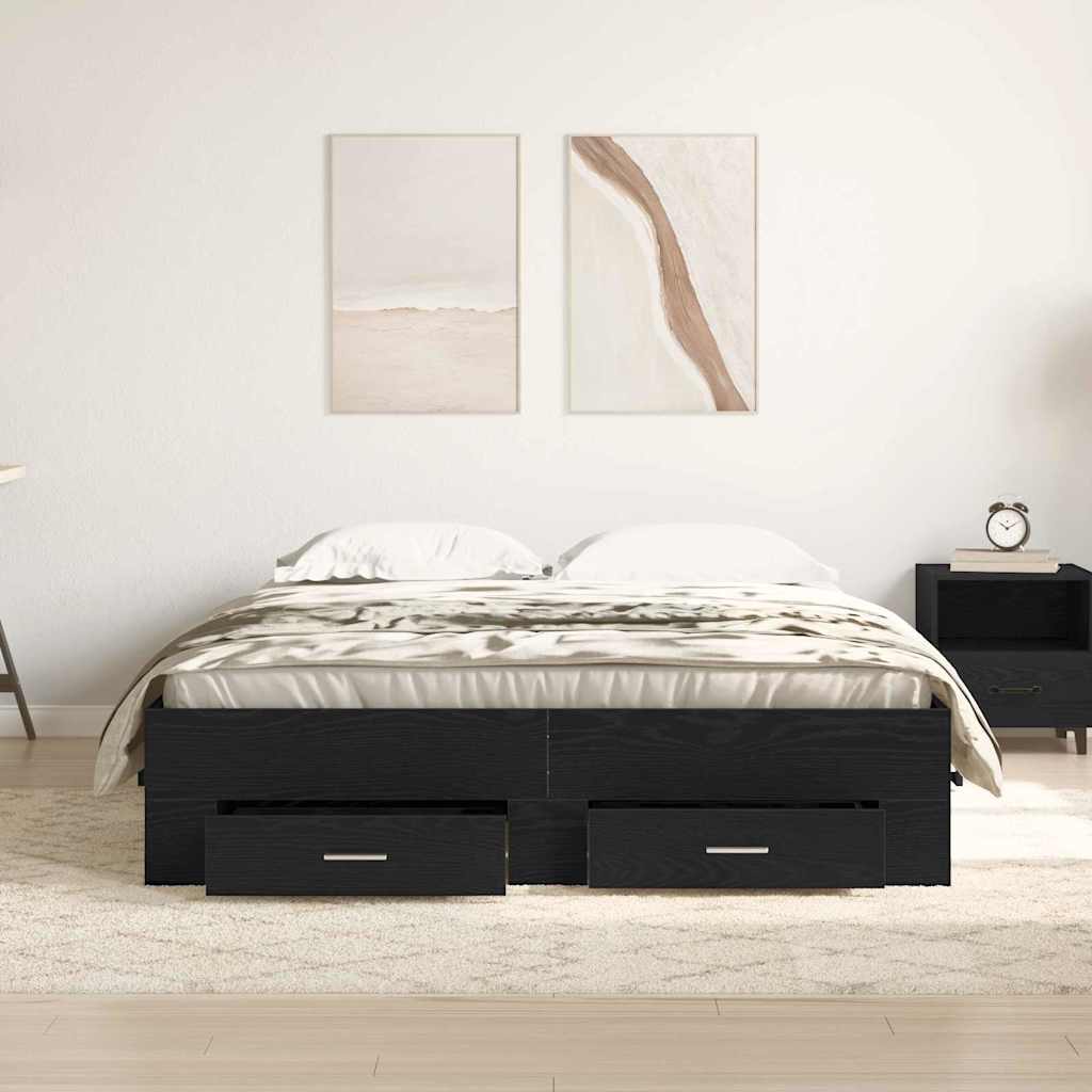 Bedframe met lade Zwart Eiken 140 x 190 cm Bewerkt hout is nu te koop bij PeponiXL, paradijselijk wonen!