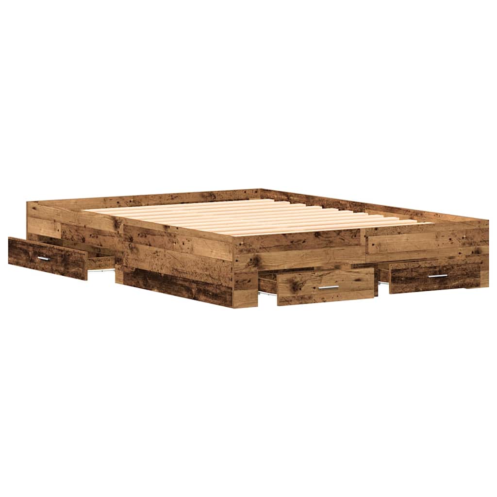Bedframe met lade met opslag Oud Hout 135 x 190 cm Bewerkt hout is nu te koop bij PeponiXL, paradijselijk wonen!