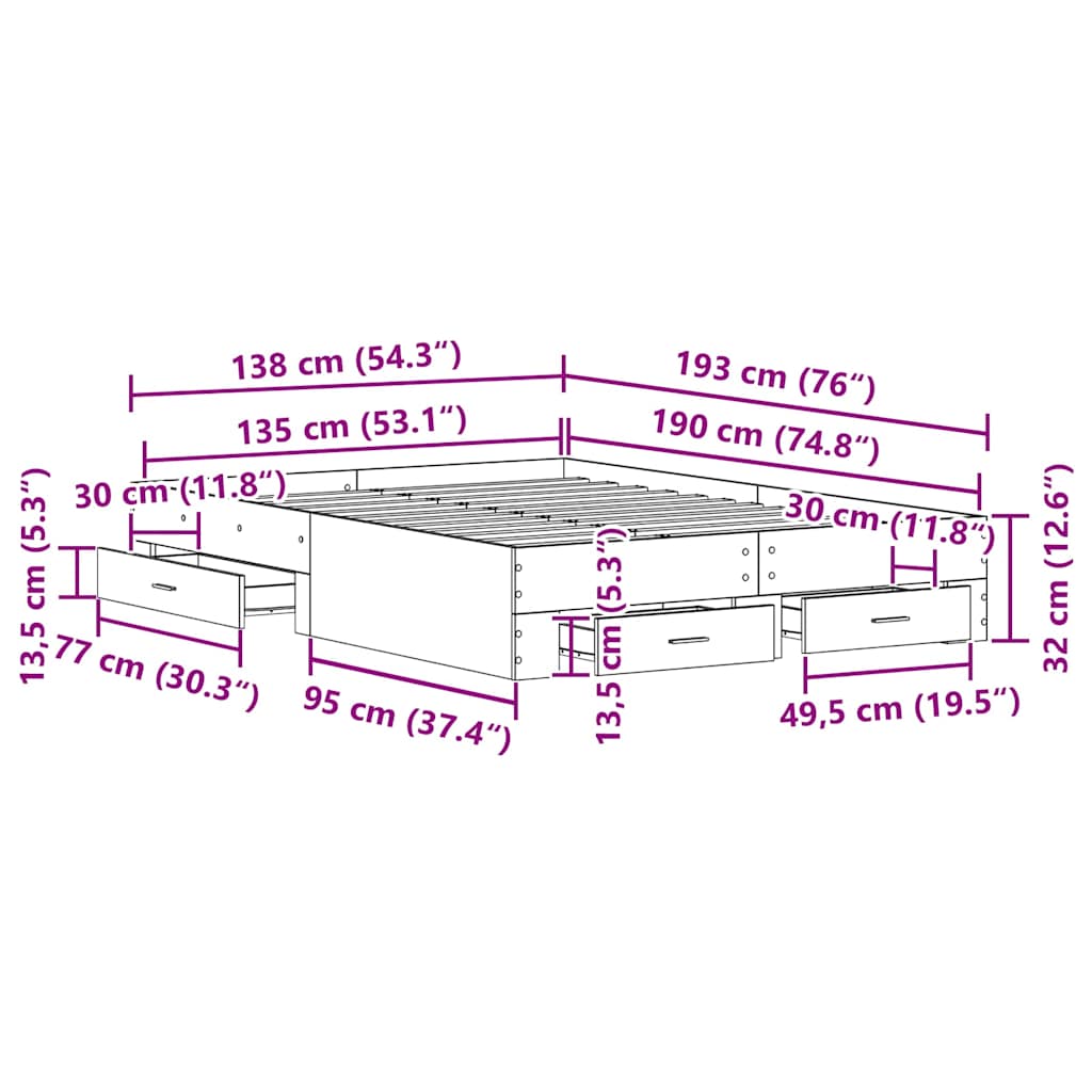 Bedframe met lade Artisan Eiken 135 x 190 cm Bewerkt hout is nu te koop bij PeponiXL, paradijselijk wonen!