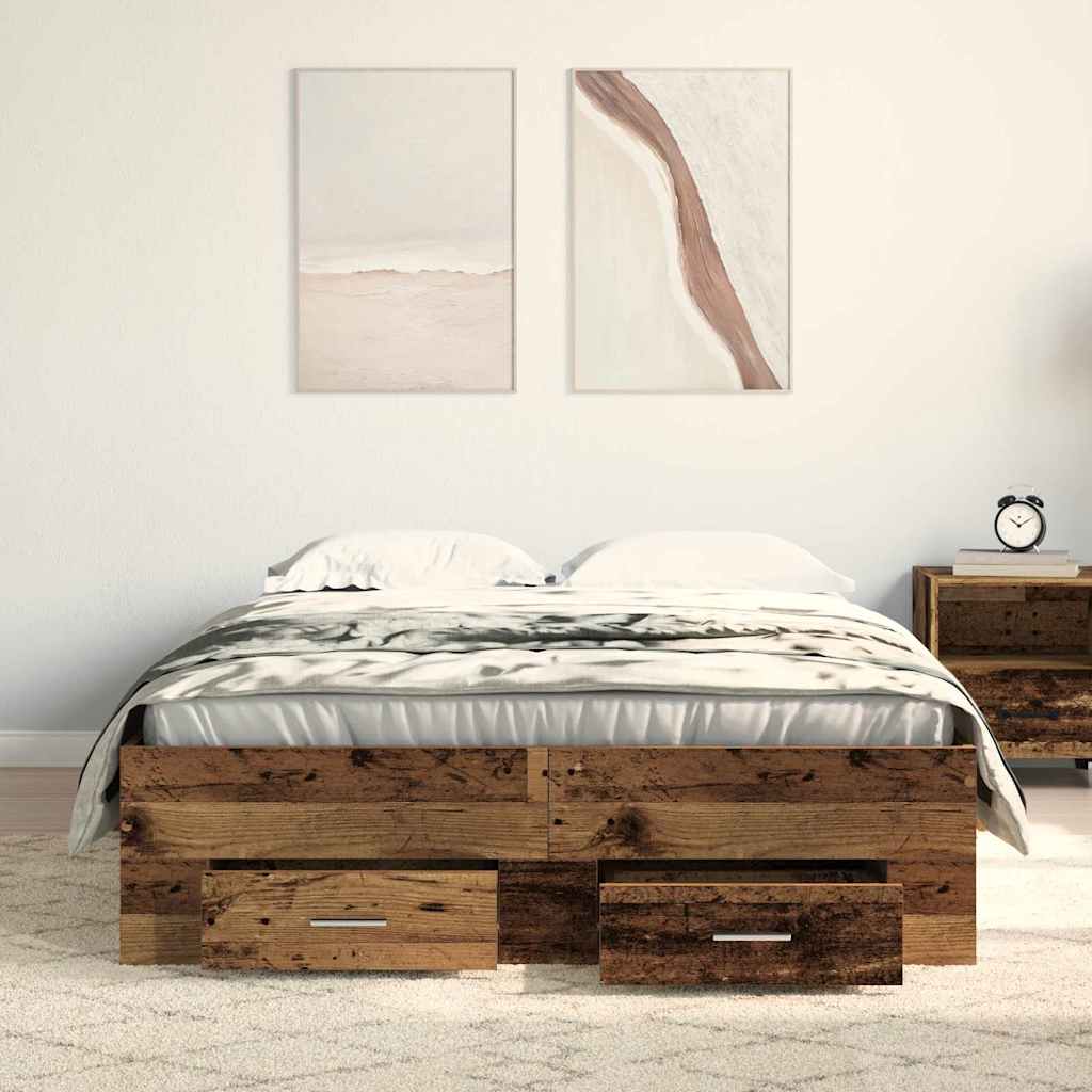 Bedframe met lade met opslag Oud Hout 120 x 190 cm Bewerkt hout is nu te koop bij PeponiXL, paradijselijk wonen!