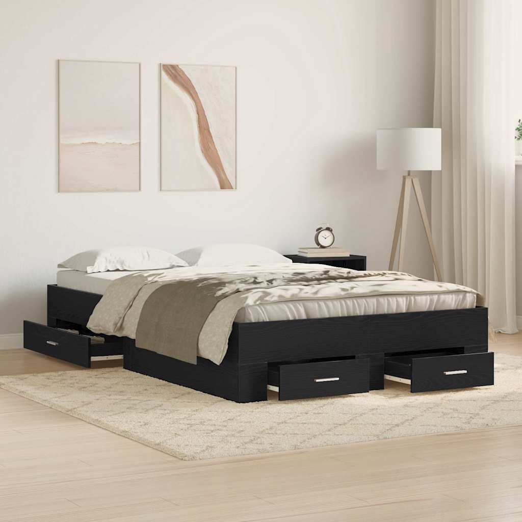 Bedframe met lade Zwart Eiken 120 x 190 cm Bewerkt hout is nu te koop bij PeponiXL, paradijselijk wonen!