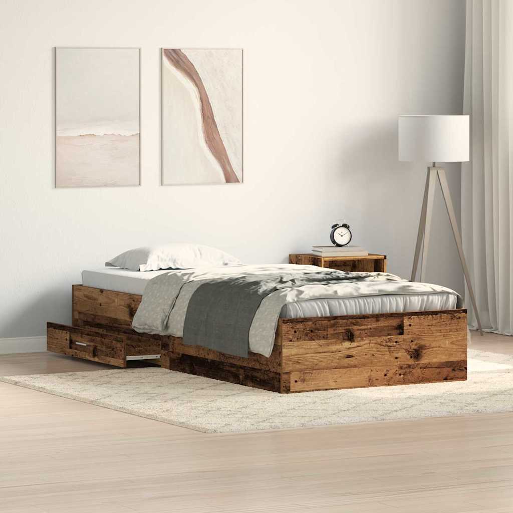 Bedframe met lade met opslag Oud Hout 100 x 200 cm Bewerkt hout is nu te koop bij PeponiXL, paradijselijk wonen!