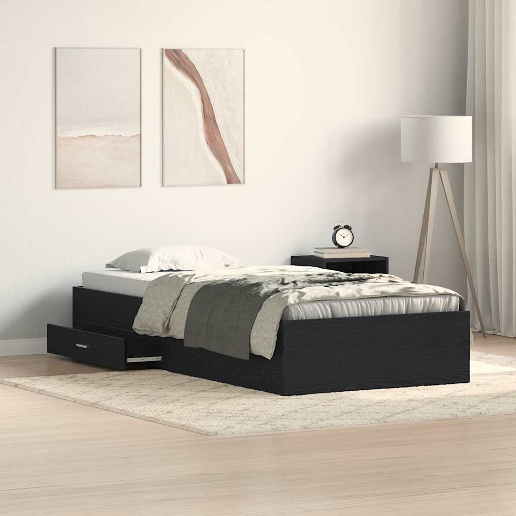 Bedframe met lade Zwart Eiken 100 x 200 cm Bewerkt hout is nu te koop bij PeponiXL, paradijselijk wonen!