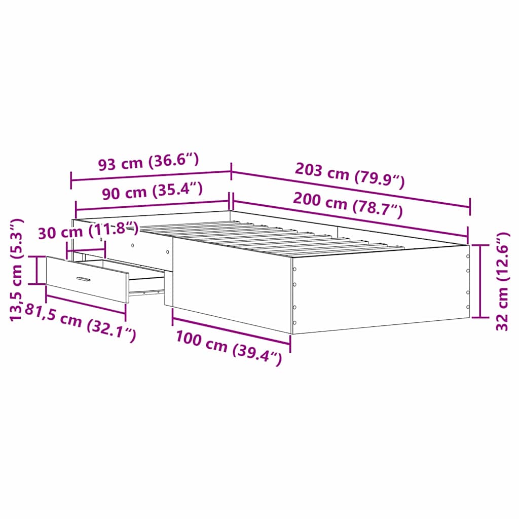 Bedframe met lade Artisan Eiken 90 x 200 cm Bewerkt hout is nu te koop bij PeponiXL, paradijselijk wonen!