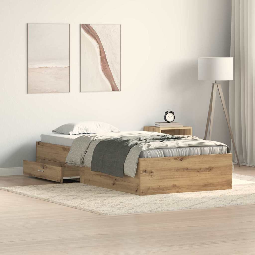 Bedframe met lade Artisan Eiken 90 x 190 cm Bewerkt hout is nu te koop bij PeponiXL, paradijselijk wonen!