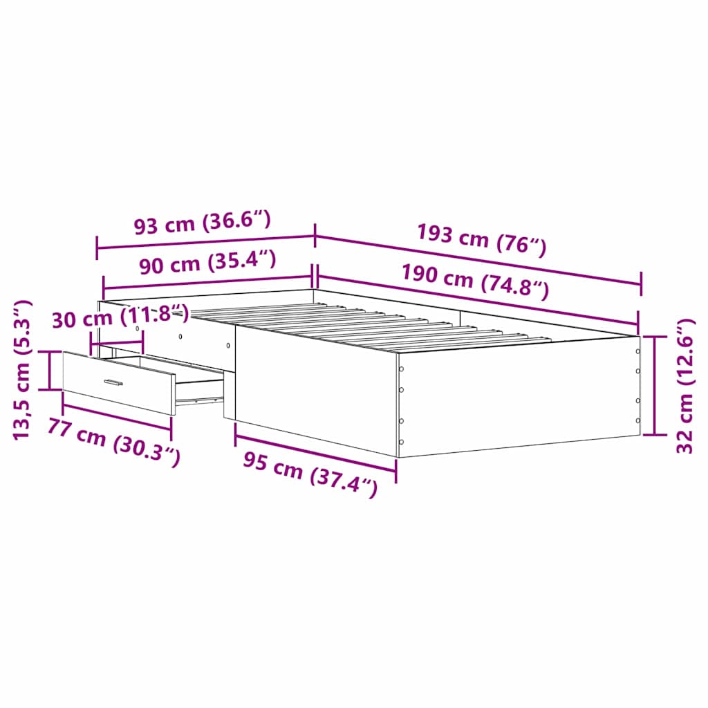 Bedframe met lade Zwart Eiken 90 x 190 cm Bewerkt hout is nu te koop bij PeponiXL, paradijselijk wonen!