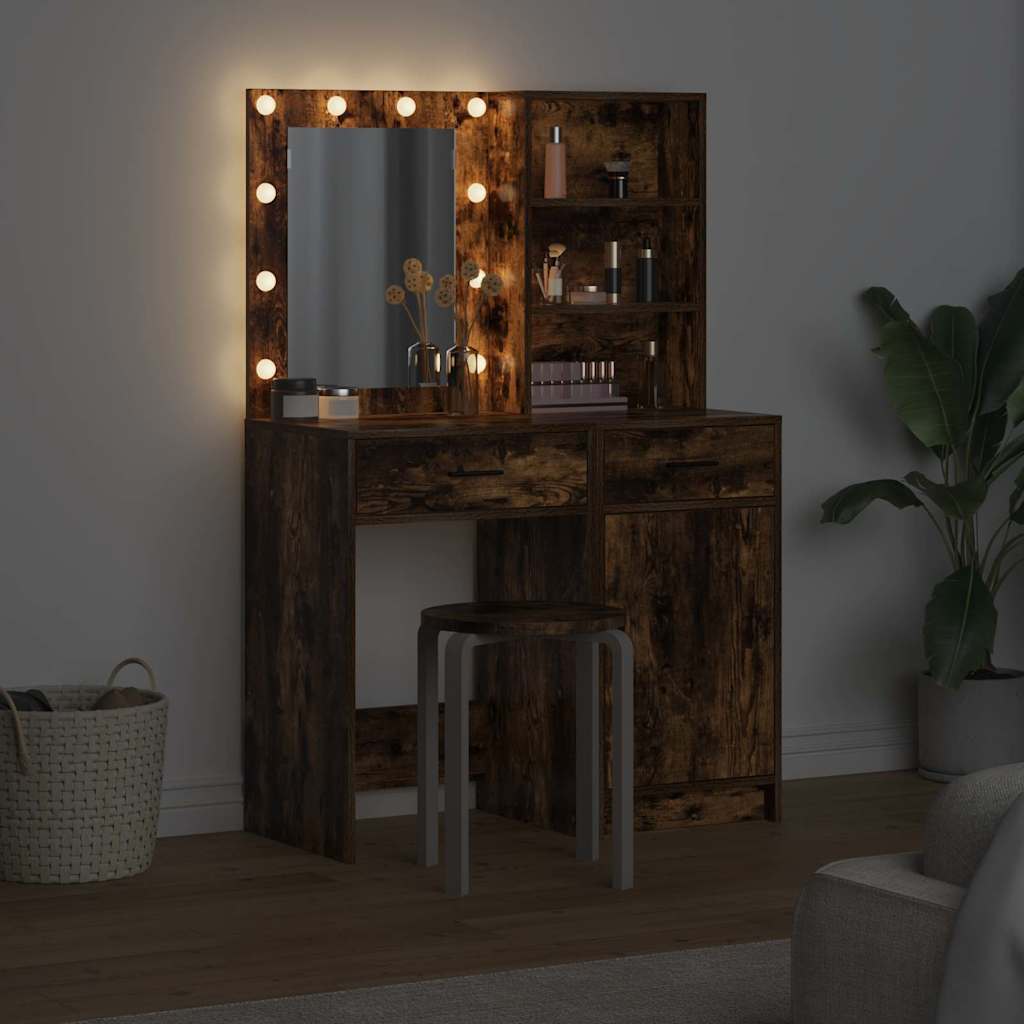 Make-up tafel set met LED 2 pcs Gerookt eiken Bewerkt hout is nu te koop bij PeponiXL, paradijselijk wonen!