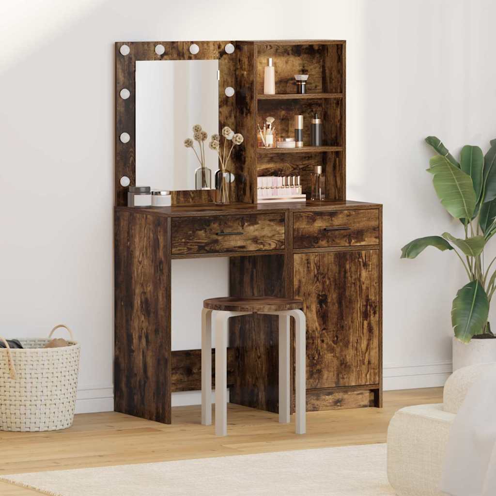 Make-up tafel set met LED 2 pcs Gerookt eiken Bewerkt hout is nu te koop bij PeponiXL, paradijselijk wonen!