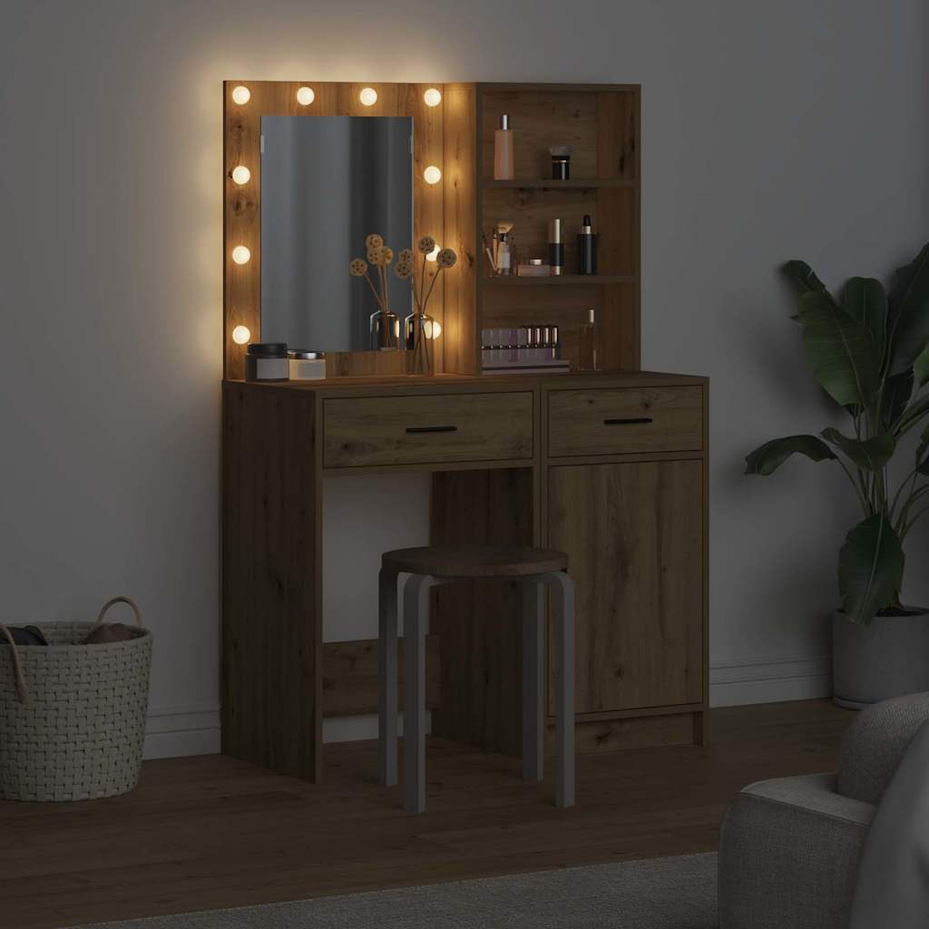 Make-up tafel set met LED 2 pcs Artisan Eiken Bewerkt hout is nu te koop bij PeponiXL, paradijselijk wonen!