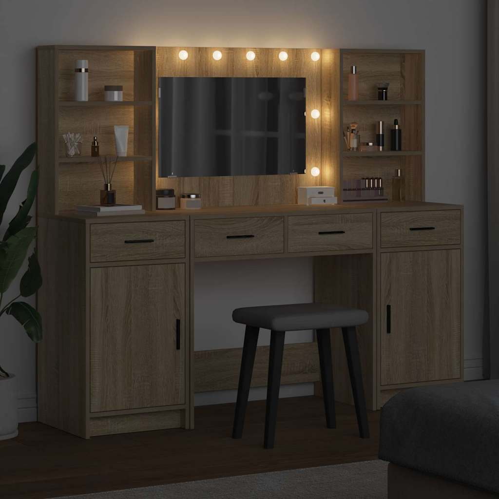 Make-up tafel set met LED 3 pcs Sonoma Eiken Bewerkt hout is nu te koop bij PeponiXL, paradijselijk wonen!