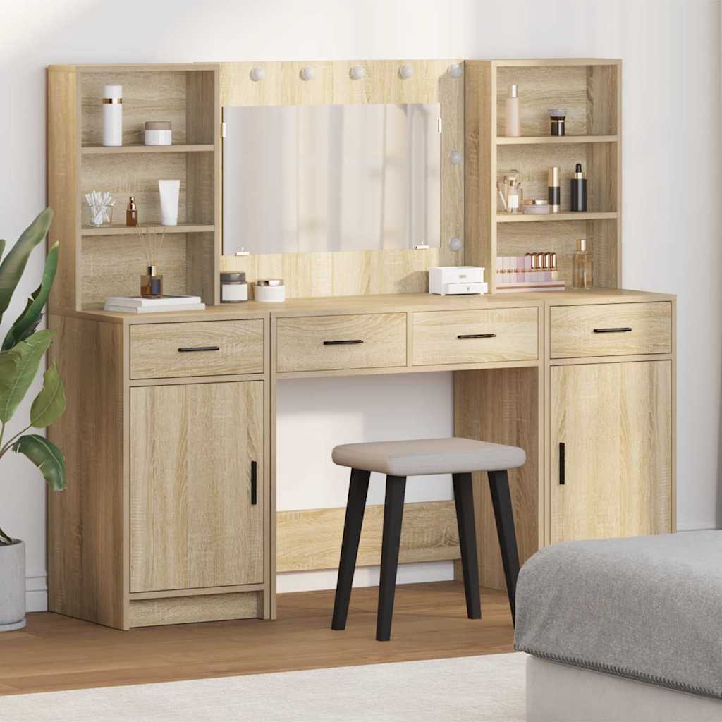 Make-up tafel set met LED 3 pcs Sonoma Eiken Bewerkt hout is nu te koop bij PeponiXL, paradijselijk wonen!