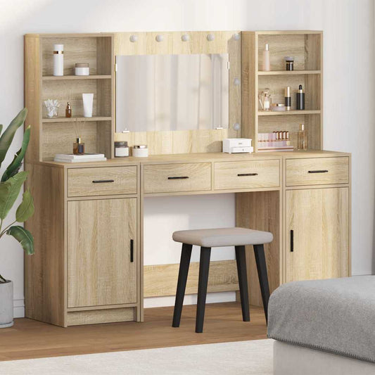 Make-up tafel set met LED 3 pcs Sonoma Eiken Bewerkt hout is nu te koop bij PeponiXL, paradijselijk wonen!