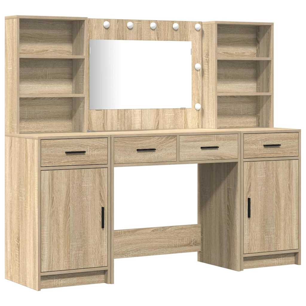 Make-up tafel set met LED 3 pcs Sonoma Eiken Bewerkt hout is nu te koop bij PeponiXL, paradijselijk wonen!