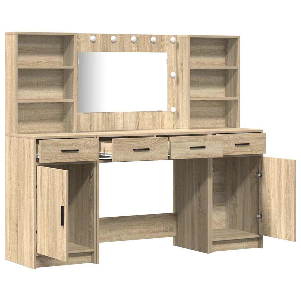 Make-up tafel set met LED 3 pcs Sonoma Eiken Bewerkt hout is nu te koop bij PeponiXL, paradijselijk wonen!