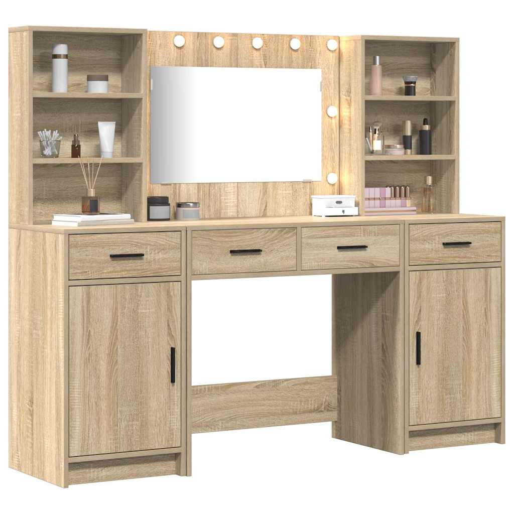 Make-up tafel set met LED 3 pcs Sonoma Eiken Bewerkt hout is nu te koop bij PeponiXL, paradijselijk wonen!
