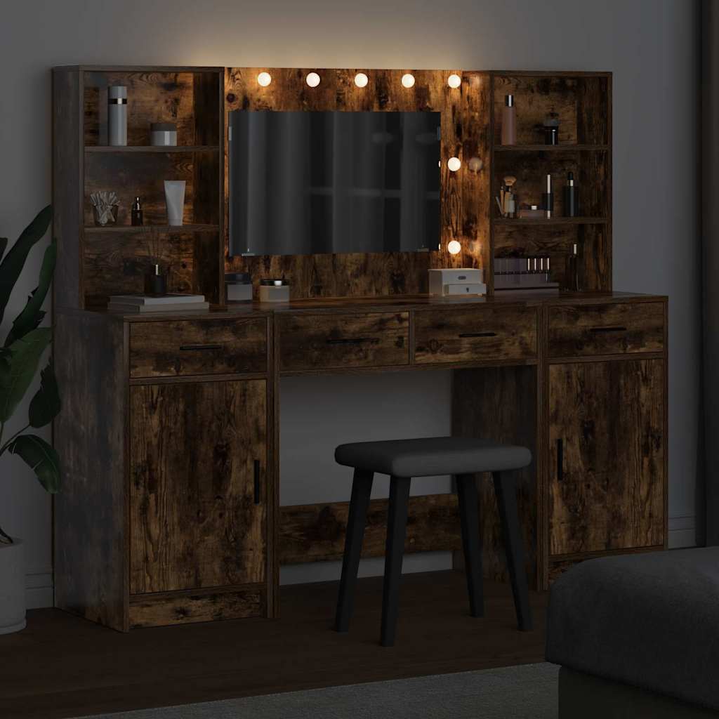 Make-up tafel set met LED 3 pcs Gerookt eiken Bewerkt hout is nu te koop bij PeponiXL, paradijselijk wonen!