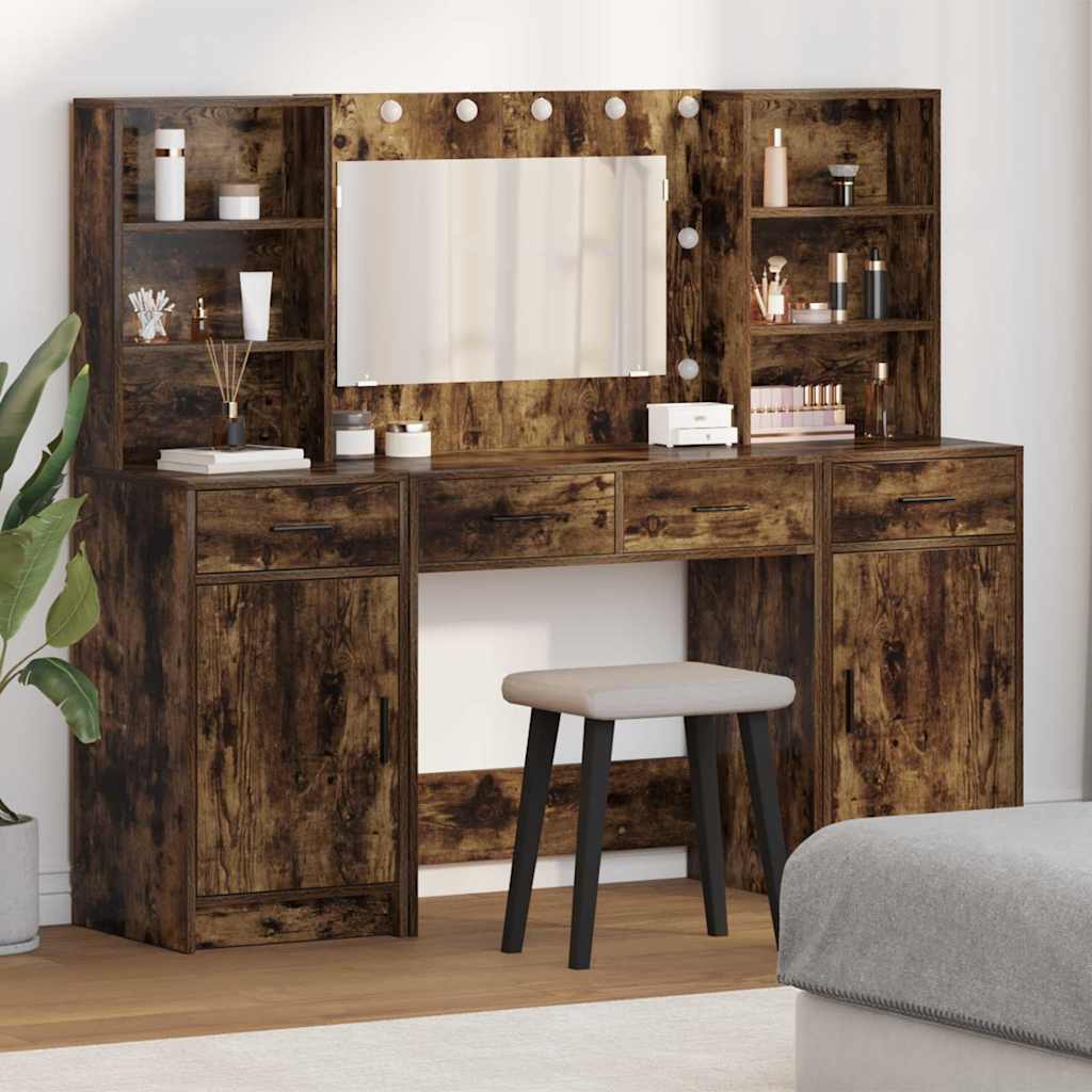 Make-up tafel set met LED 3 pcs Gerookt eiken Bewerkt hout is nu te koop bij PeponiXL, paradijselijk wonen!