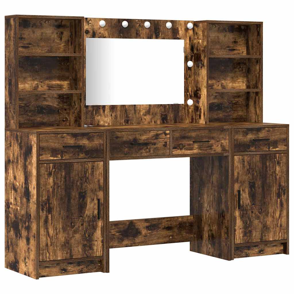 Make-up tafel set met LED 3 pcs Gerookt eiken Bewerkt hout is nu te koop bij PeponiXL, paradijselijk wonen!
