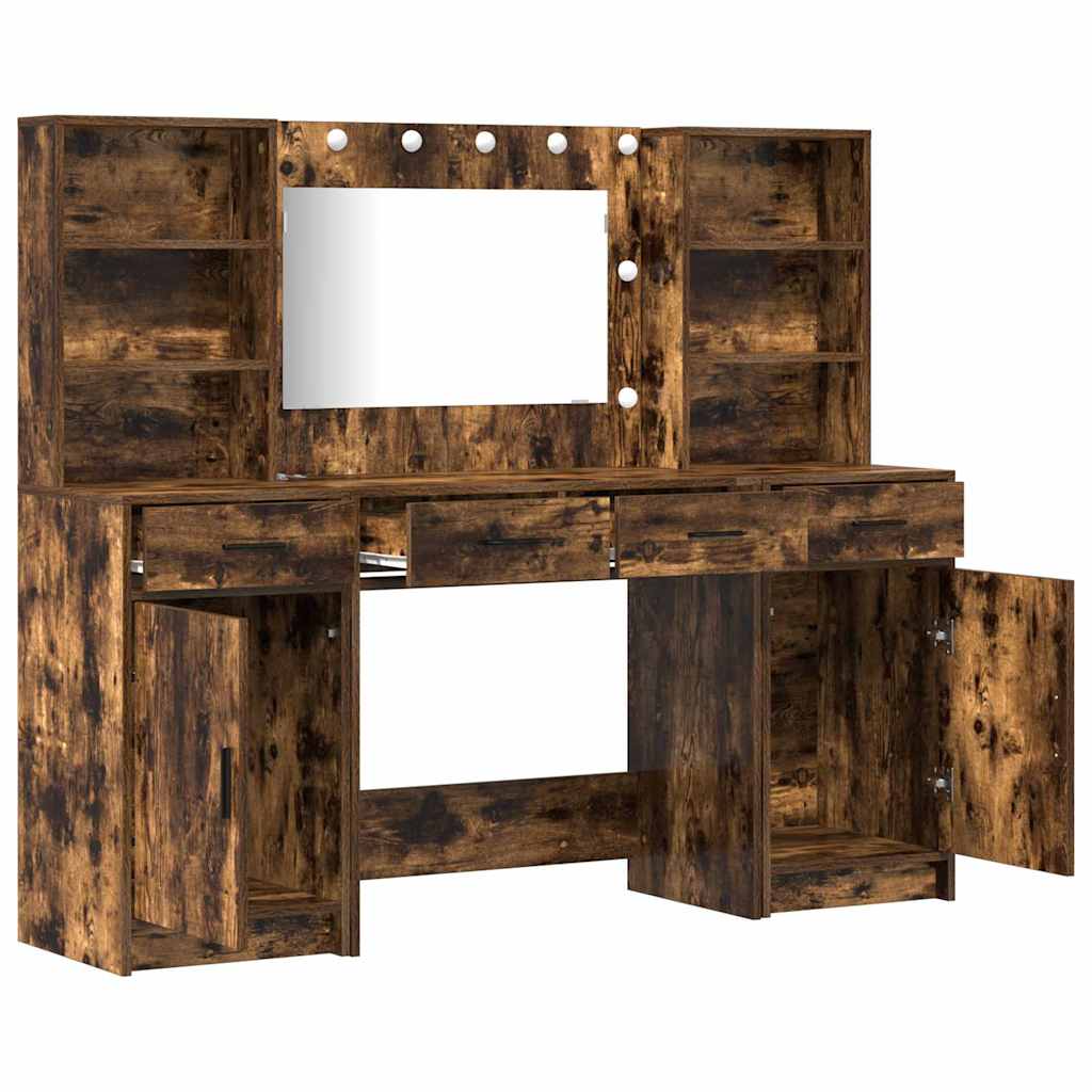 Make-up tafel set met LED 3 pcs Gerookt eiken Bewerkt hout is nu te koop bij PeponiXL, paradijselijk wonen!