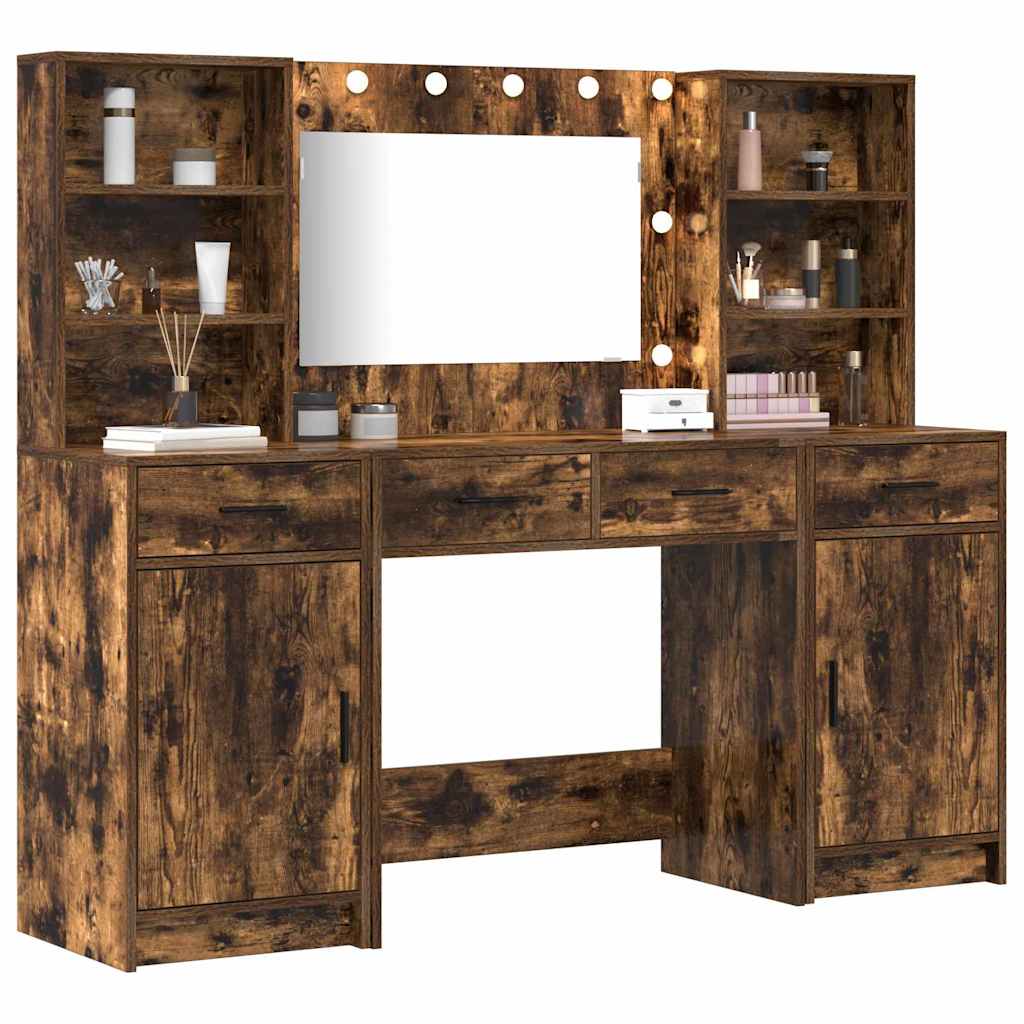 Make-up tafel set met LED 3 pcs Gerookt eiken Bewerkt hout is nu te koop bij PeponiXL, paradijselijk wonen!