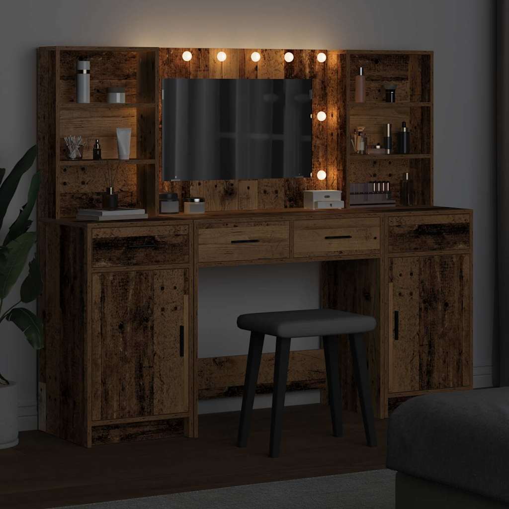 Make-up tafel set met LED met lade 3 pcs Oudhout Bewerkt hout is nu te koop bij PeponiXL, paradijselijk wonen!