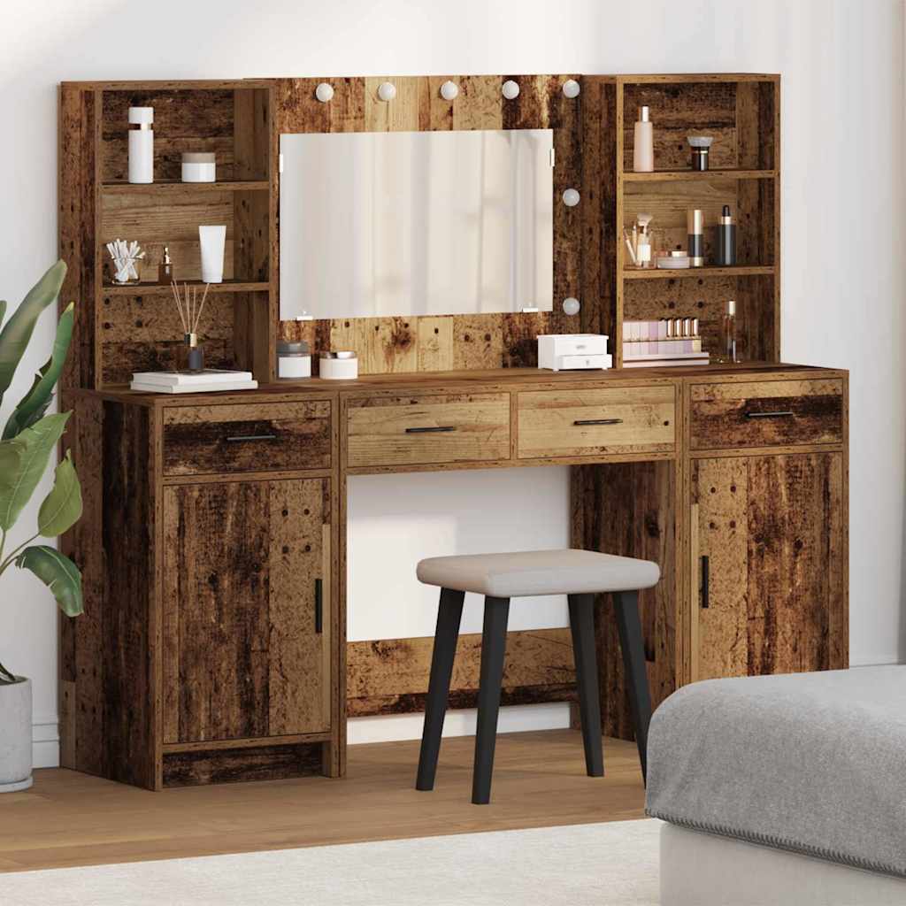 Make-up tafel set met LED met lade 3 pcs Oudhout Bewerkt hout is nu te koop bij PeponiXL, paradijselijk wonen!