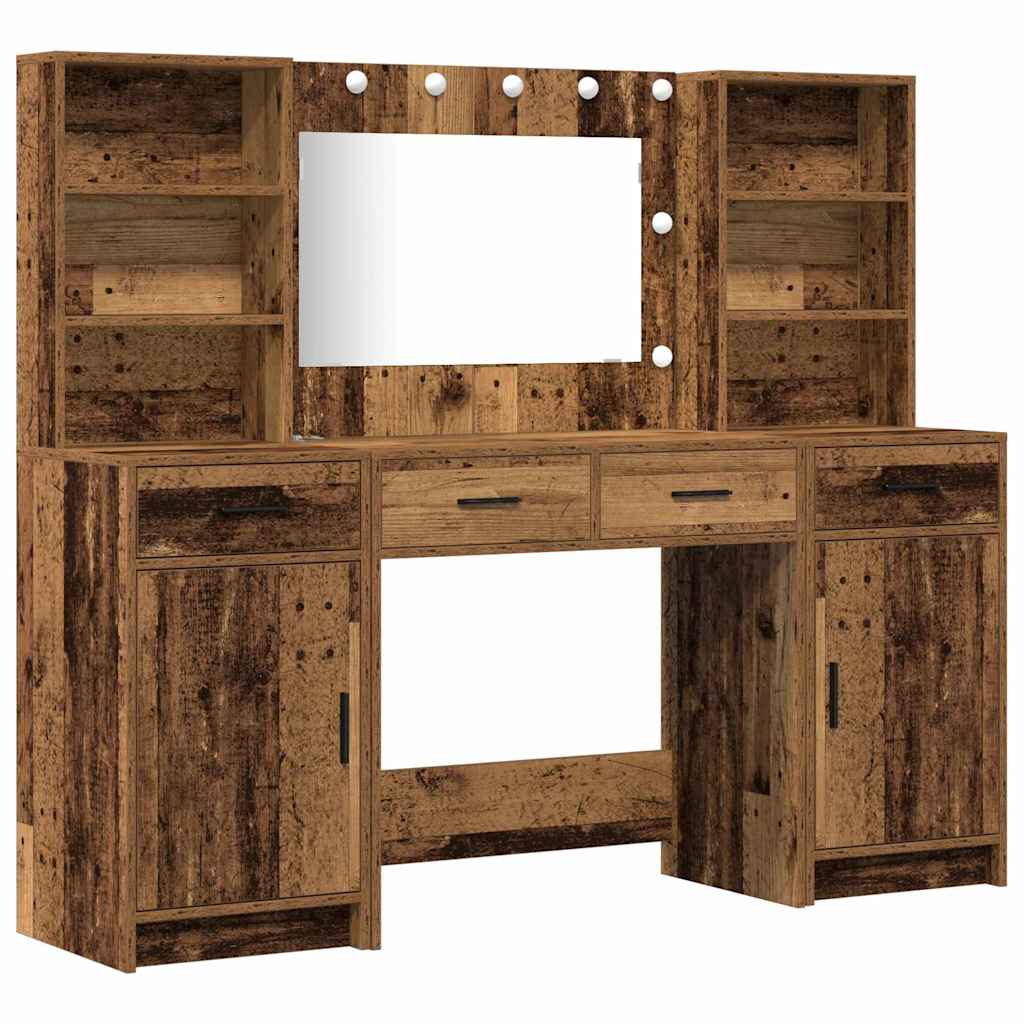 Make-up tafel set met LED met lade 3 pcs Oudhout Bewerkt hout is nu te koop bij PeponiXL, paradijselijk wonen!